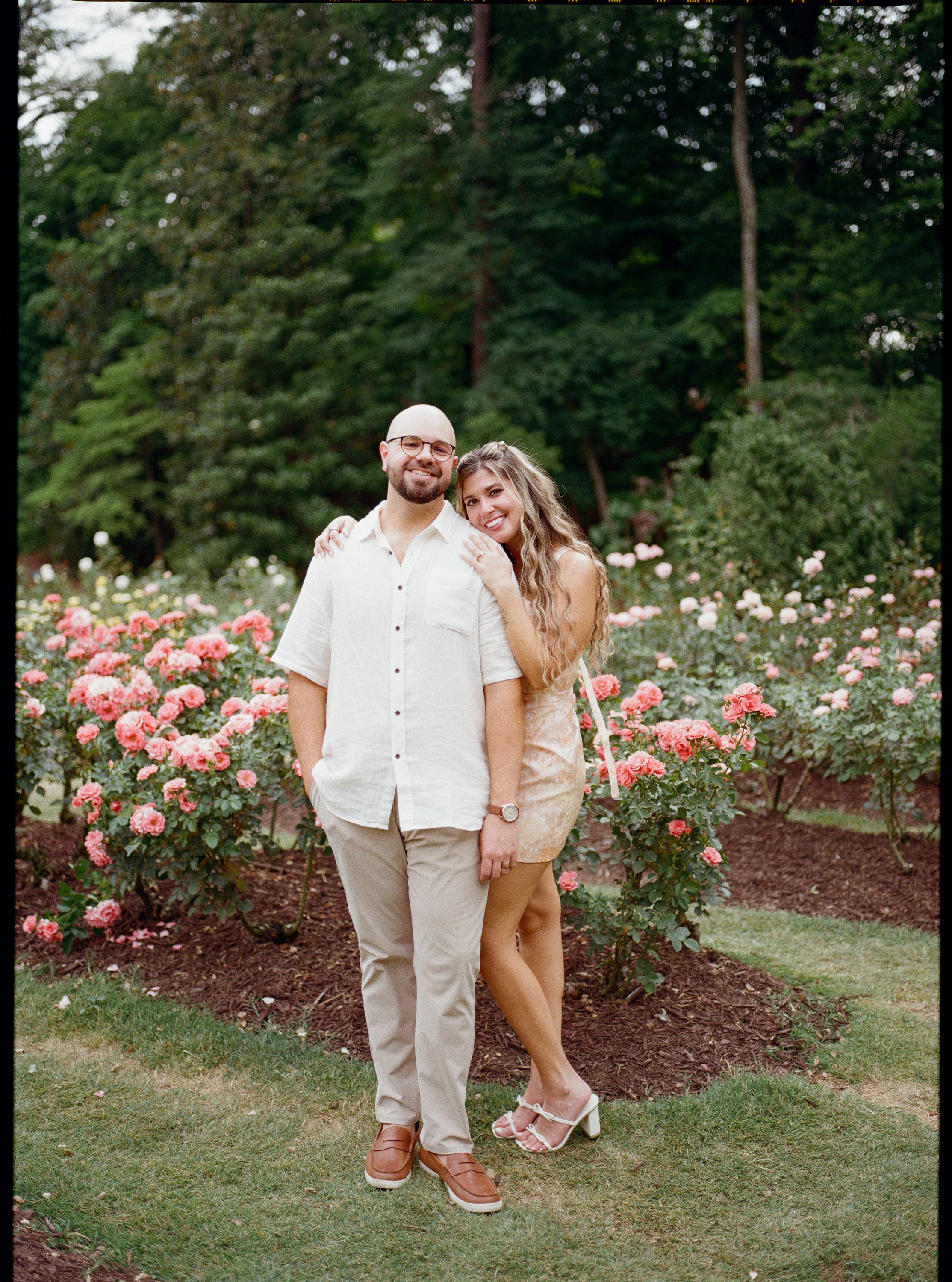 Arm in arm on the grass, with banks of coral and pink roses either side of them.