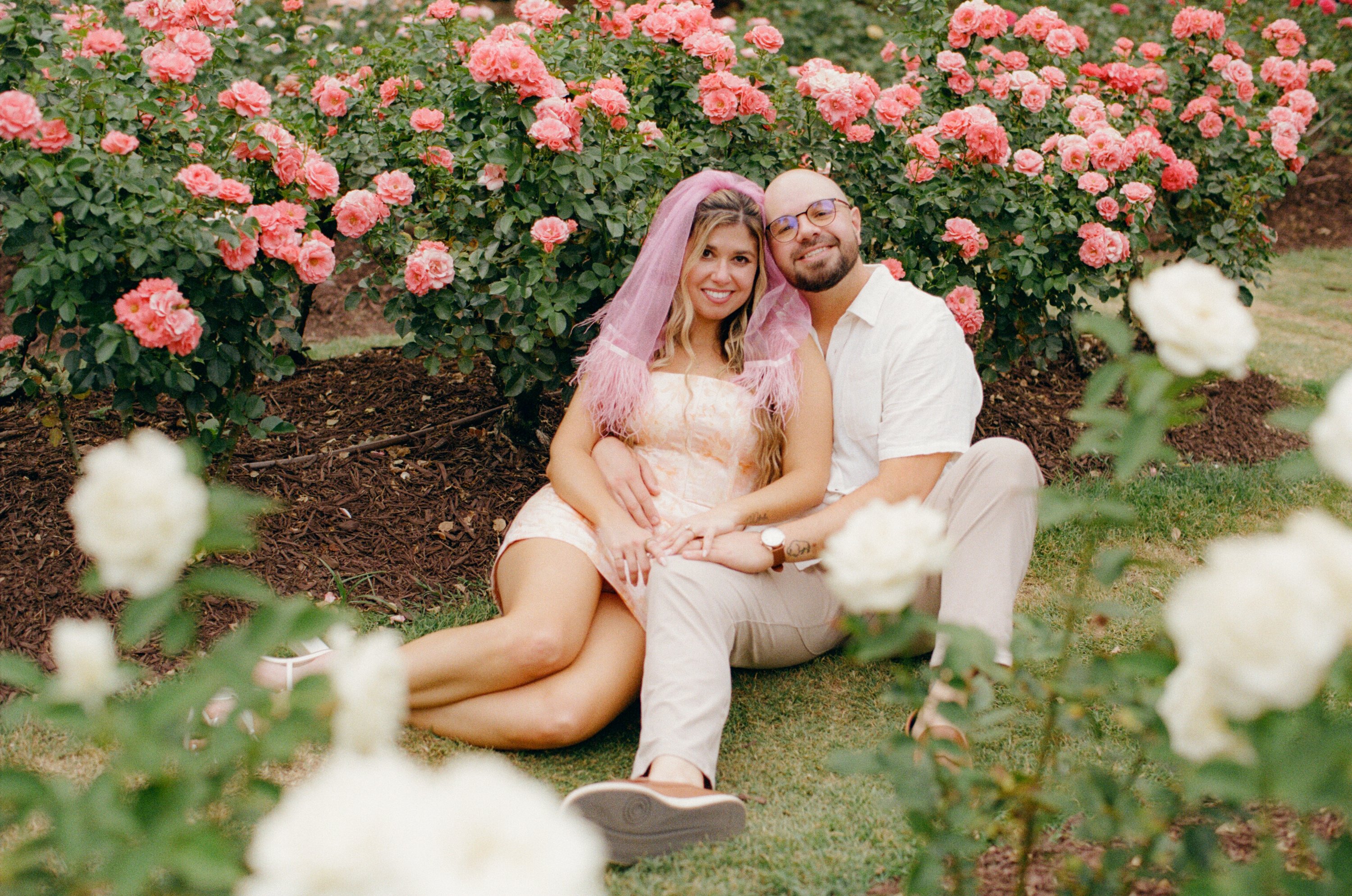Sitting on the grass in front of a wall of coral roses, with white roses blurred in the foreground.